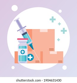 vaccine distribution logistics theme with vial and syringe in boxes carton vector illustration design