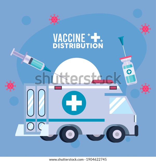 vaccine distribution logistics\
theme with vial and syringe in ambulance vector illustration\
design