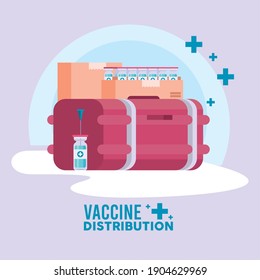 vaccine distribution logistics theme with vials in boxes and deep freezer vector illustration design