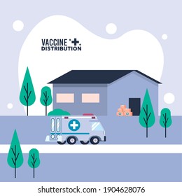 tema de logística de distribución de vacunas con diseño de ilustraciones de vectores de almacén y ambulancia