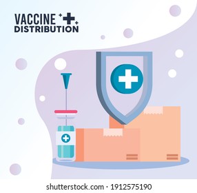 tema de logística de distribución de vacunas con almacén, congelador profundo y diseño de ilustraciones vectoriales de cajas