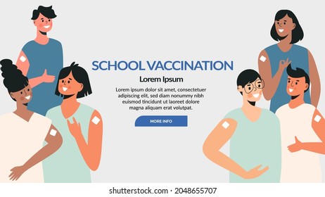 Vaccine for diverse teen or children group banner template. Teenager vaccination concept. School immunization campaign. Child vaccine for health immunity. Different kids vector cartoon illustration