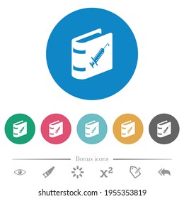 Documentación de la vacuna iconos blancos planos sobre fondo de color redondo. 6 iconos de bonificación incluidos.
