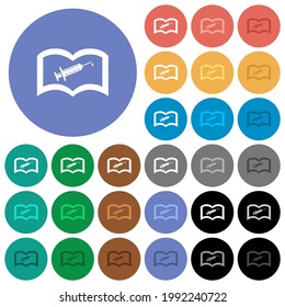 Vaccine documentation multi colored flat icons on round backgrounds. Included white, light and dark icon variations for hover and active status effects, and bonus shades.