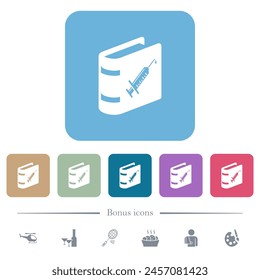 Vaccine documentation white flat icons on color rounded square backgrounds. 6 bonus icons included