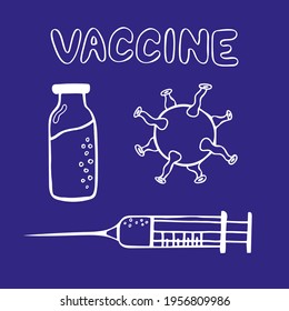 Vaccine doodle set. Hand drawn doodle vector illustration on blue background. Coronavirus vaccination concept collection. 