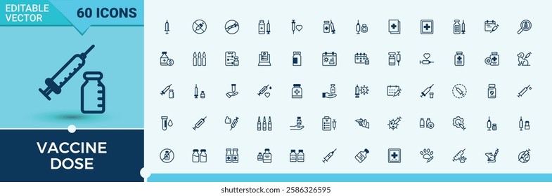 Vaccine Dose simple icon. Includes thin line drug, healthcare, vaccine, hospital, doctor, dose, child, covid. Thin UI icon design. Vector icons editable stroke.