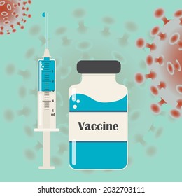 Vaccine dose in a vial on a blue background. Syringe with a needle close-up. Viruses and bacteria fly. Vector.