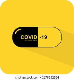 Vaccine drug. Antiviral medicine. Coronavirus treatment. Virus defeat dose pill. Flat 3D shadow design. Black vector yellow background. Product brand service sign. Board label banner. Clinic hospital.