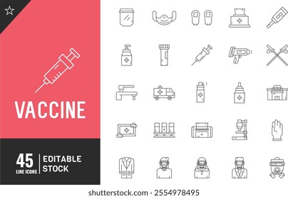 Vaccine Editable line icon set. Thin modern style vector illustration. medicine, test and more.