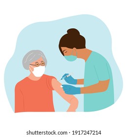 Vaccine Elderly.  Doctor Holds An Injection Vaccination Senior,old Woman.  Vaccination Concept. Vector Illustration