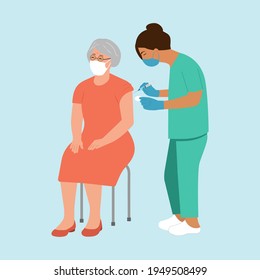 Vaccine elderly.  Doctor holds an injection vaccination elderly woman.  Vaccination concept senior . Vector illustration.