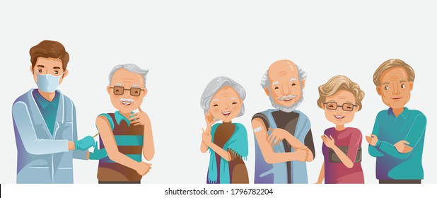 Vaccine elderly. Elderly group inject. Doctor holds an injection vaccination old man. Doctor health care retirement at a nursing home. Vaccination concept. Vector illustration.