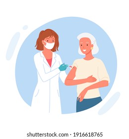 Vaccine Elderly Patient Vector Illustration. Cartoon Cute Doctor Character Injecting Older Woman In Hospital, Aged Risk Group People Vaccination And Corona Virus Infection Control Isolated On White