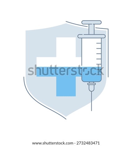 Vaccine emblem in thin line and blue color, with shield and syringe. Biological preparation providing active acquired immunity to a particular infectious or malignant disease