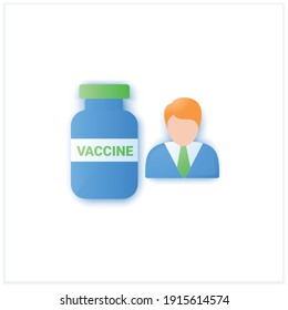 Vaccine expert flat icon. Virologist researcher. Chemical scientist. Cure search, vaccine development. Stop coronavirus. Covid19 disease vaccination concept. 3d vector illustration