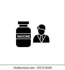 Vaccine expert glyph icon. Virologist researcher. Chemical scientist. Vaccine development. Stop coronavirus. Covid-19 vaccination concept. Filled flat sign. Isolated silhouette vector illustration