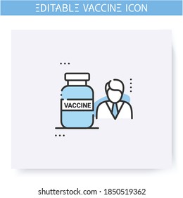 Vaccine expert line icon. Virologist researcher.Chemical scientist. Cure search, vaccine development.Stop coronavirus.Covid19 disease vaccination concept. Isolated vector illustration.Editable stroke 