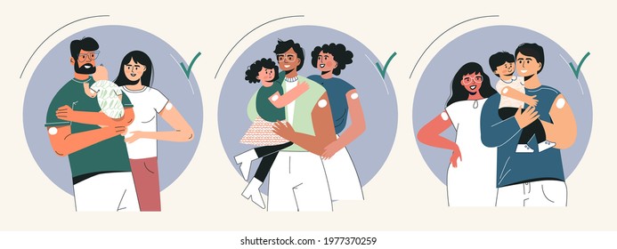 Vaccine and family vaccinated concept. Set of young parents with kid and infant after injection shot. Health insurance. Vaccination of children and babies, health care, protection against infections