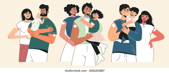 Vaccine and family vaccinated concept. Set of young parents with kid and infant after injection shot. Health insurance. Vaccination of children and babies, health care, protection against infections