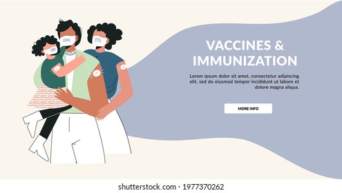 Vaccine and family vaccinated concept. Young parents with kid after injection shot. Health care campaign template. Time to family with children vaccinate banner.  Flat vector layout illustration