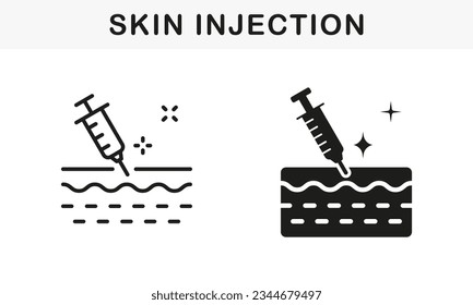 Colección de símbolos de tratamiento de vacunas, filler, ácido hialurónico, médico, dermatología. Línea de inyección de la piel y conjunto de iconos de la silueta. Jeringa y estructura del pictograma cutáneo. Ilustración de vectores aislados.