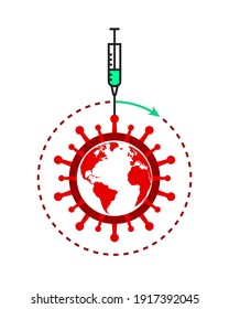 Vaccine and globe overwhelmed with coronavirus concept. COVID-19, syringe and dotted line as an ongoing vaccination process symbol.