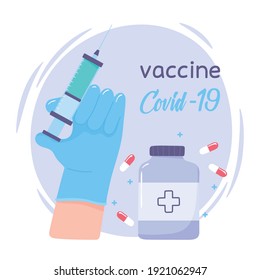 vaccine hand with syringe medicine capsules, coronavirus covid 19 vector illustration