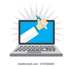 Vacuna en manos del médico. Vector plano de medicina y concepto de salud de los estudios de vacunación en el laboratorio.
