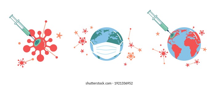 Vaccine helps to win over coronavirus world in protective mask and syringe injection in Earth globe, total fight against coronavirus, virus control and immunization, vaccination and illness prevention