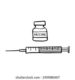 Vaccine icon. Bottle and syringe. Black outline linear sketch drawing. Vector flat graphic hand drawn illustration. The isolated object on a white background. Isolate.