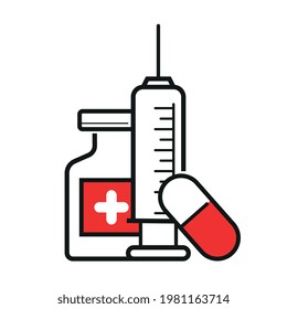 VACCINE ICON WITH INJECTION AND MEDICINE FOR TREATMENT