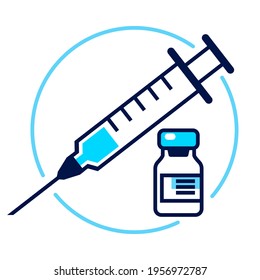 Vaccine Icon. Medical vial for injection and syringe  isolated on white background. Concept for Medicine, COVID-19 Vaccination. Vector Illustration.