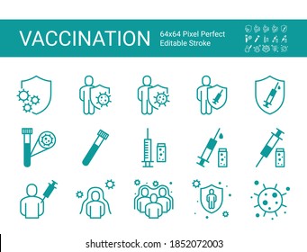 Vaccine icon set. 64x64 Pixel Perfect. Editable Stroke.