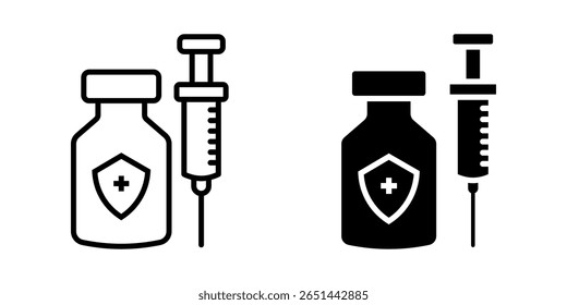Conjunto de ícones de vacina. Ilustração em preto e branco de um frasco para injetáveis de vacina com um escudo e uma seringa para conceitos de saúde médica e imunização.