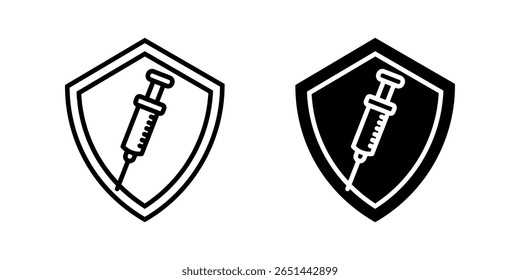 Vaccine icon set. Clean and modern icon design featuring a shield with a syringe inside, representing protection against illness and the importance of vaccination.
