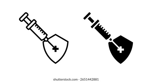 Conjunto de ícones de vacina. Ilustração de uma seringa injetando um escudo, representando a vacinação e a proteção da saúde. O ícone está disponível nos estilos de contorno e sólido.