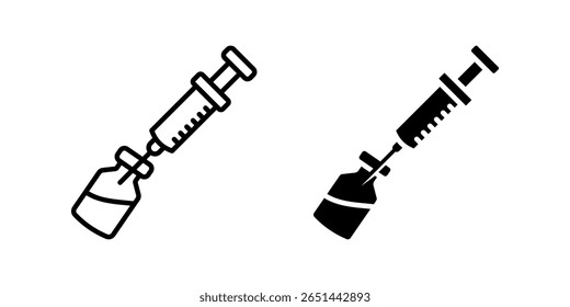 Conjunto de ícones de vacina. Um ícone de símbolo de medicamento de desenho de agulha de seringa para injeção no estilo de contorno e silhueta. Útil para projetos médicos, de saúde e de projeto de vacinação.