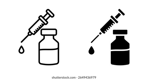 Conjunto de ícones de vacina. Ilustração de um ícone de estilo plano simples de uma seringa médica com um frasco para injetáveis para vacinação e injeção, em preto e branco.