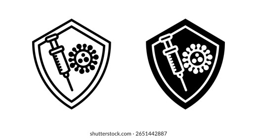 Conjunto de ícones de vacina. Este ícone ilustra um escudo com uma seringa e um vírus, simbolizando a proteção que a vacinação proporciona contra doenças e infecções virais.