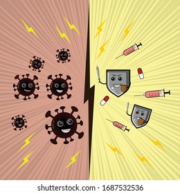 A vaccine icon that is fighting the corona virus. Injectable icons, vaccines and drugs vs corona virus. Vector illustration.