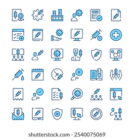 Vaccine icons. Outline symbols. Vector blue line icons set