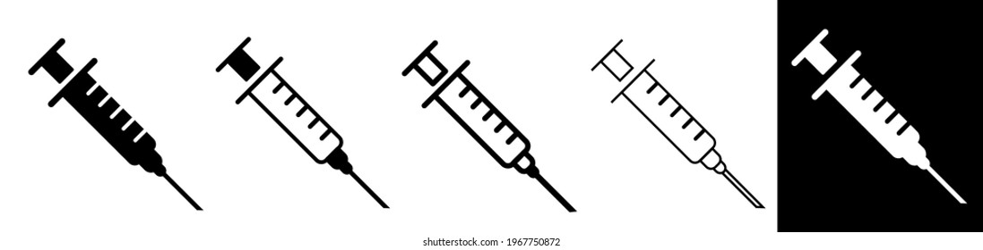 Vaccine icons set. Fill, stroke, outline. Covid-19 vaccination. Stylized vector monochrome icons of syringe with needle isolated on white background.