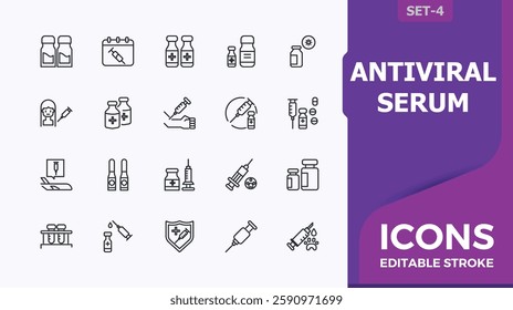 Vaccine icons set. Includes thin line hospital, vaccination, health, flu, medicine, treatment, hospital, bacterial, medication, care and more. Editable vector icon. Minimalistic icon collections.