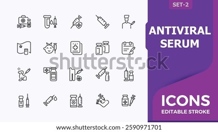 Vaccine icons set. Includes thin line hospital, vaccination, health, flu, medicine, treatment, hospital, bacterial, medication, care and more. Editable vector icon. Minimalistic icon collections.