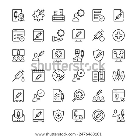 Vaccine icons set. Vector line icons. Black outline stroke symbols