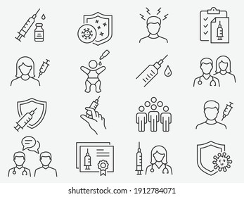 Vaccine icons, such as syringe, coronavirus, covid 19 and more. and more. Editable Stroke. Vector illustration.