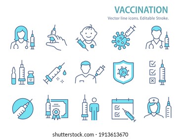 Vaccine icons, such as syringe, coronavirus, covid 19 and more. Editable Stroke. Vector illustration.