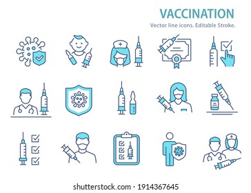 Vaccine icons, such as syringe, coronavirus, covid 19 and more. Editable Stroke. Vector illustration.