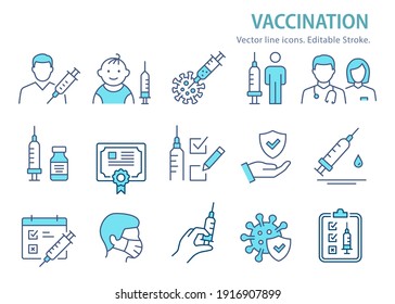 Vaccine icons, such as syringe, coronavirus, covid 19 and more. Editable Stroke. Vector illustration.